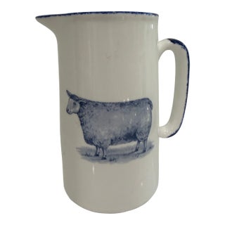 Vintage White Jug / Pitcher With a Sheep on Both Sides With Blue Trim From England For Sale