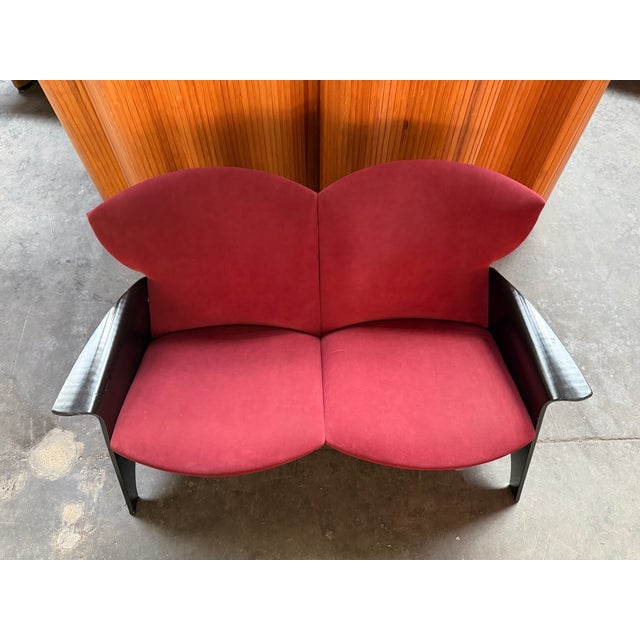Postmodern Black Plywood Sofa with Burgundy Velvet Upholstery, 1980s For Sale - Image 3 of 8