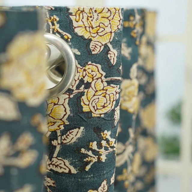 Rameshwaram Floral Block Print Semi-Sheer Pure Linen Eyelet Curtain Size- 54"Wx120"L For Sale - Image 4 of 5