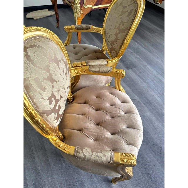 1990s 1990s French Style Light Brown Tan Velvet Chair Set With Gold Leaf Details For Sale - Image 5 of 9