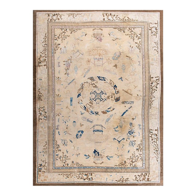 A White-Cream Background Color in Artistic Details of Chinese Motif Antique Peking Rug For Sale