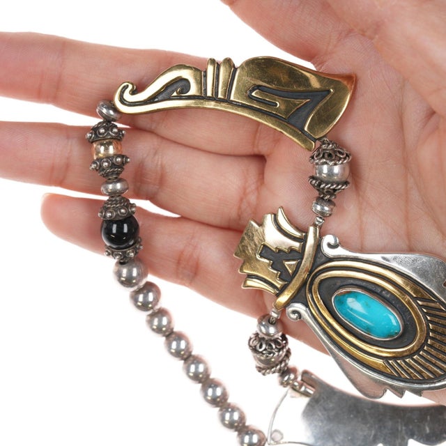 18" Tommy Singer (1940-2014) Navajo Sterling, Gold Filled, Turquoise Necklace For Sale - Image 4 of 10