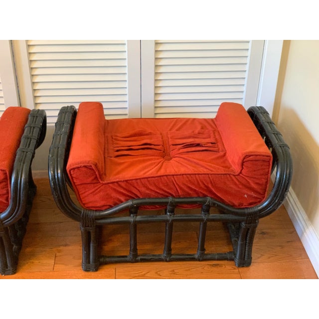 Per of vintage bamboo ottoman stools with very excellent structures which they are wrapped with letter on connections....