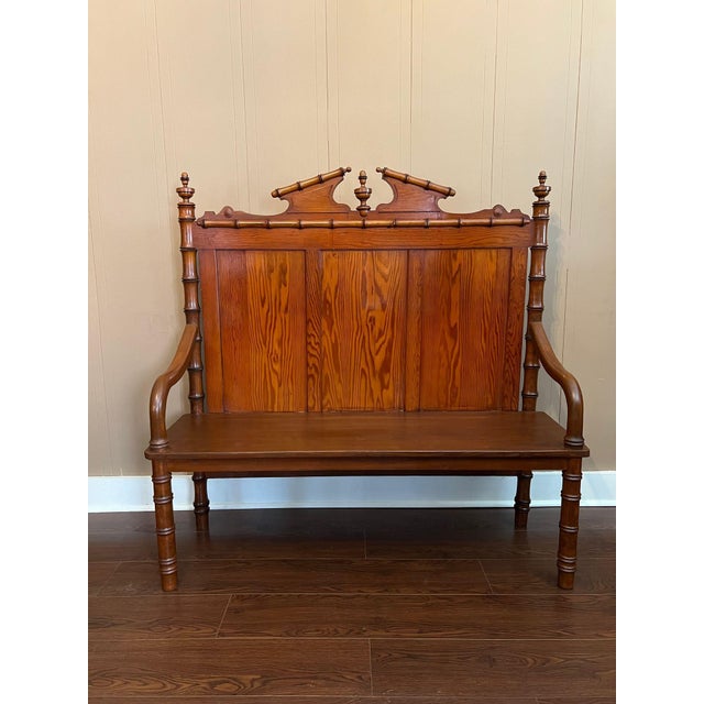 English Antique English Faux Bamboo Pine Hall Bench Victorian High Back Settle C1890 For Sale - Image 3 of 18