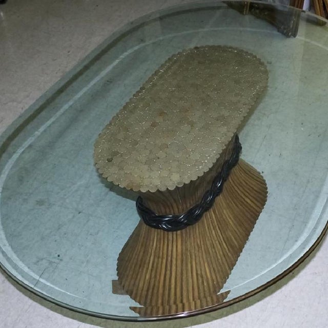 Large McGuire Rattan Trompe L' Oeil Tole Pedestal Dining Table or Center Table With Oval Glass Top 1950's For Sale - Image 6 of 10