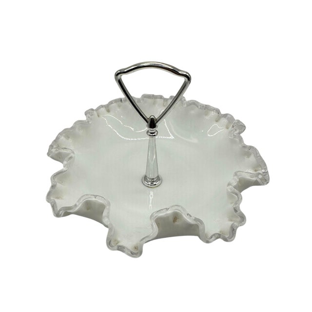 1950s 1950’s Fenton Milk Glass Bon Bon Dish With Silver Crest Rim and Metal Handle For Sale - Image 5 of 10