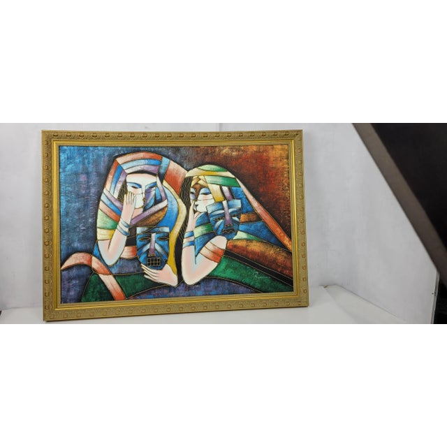 Vintage Signed Canvas Acrylic Painting Wall Hanging Original Wall Art Rystron Abstract Post Modern Cubist Style A vibrant...