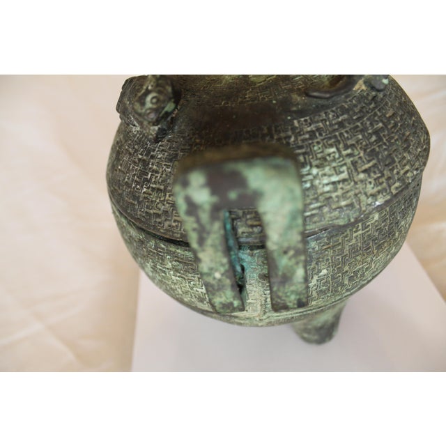 Antique Bronze Tripod Chinese Vassal With 3 Foo Lions on Top and 2 Handles For Sale - Image 11 of 12