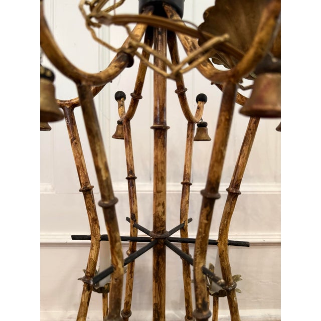Vintage Faux Bamboo Chinoiserie Chandelier With Bells & Tortoiseshell Finish - Underwriters’ Laboratories For Sale - Image 4 of 12