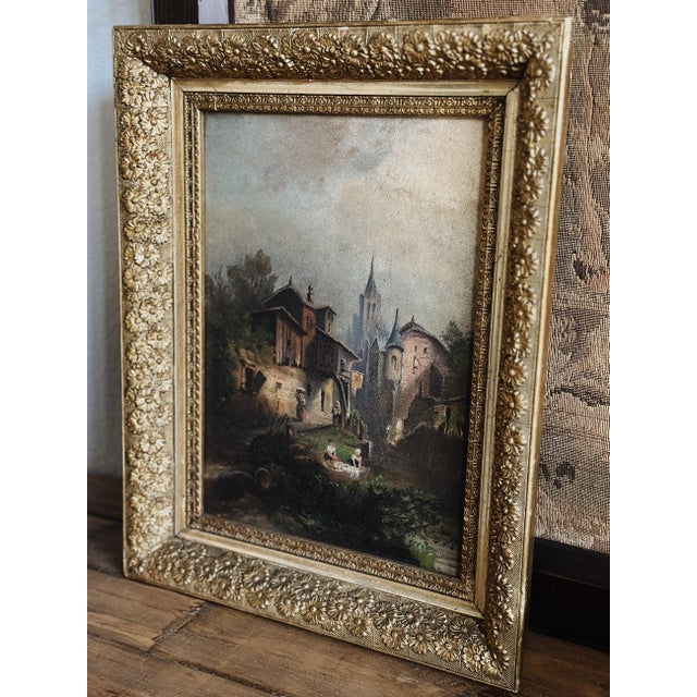 Rustic European Antique Rustic European Oil Painting For Sale - Image 3 of 5