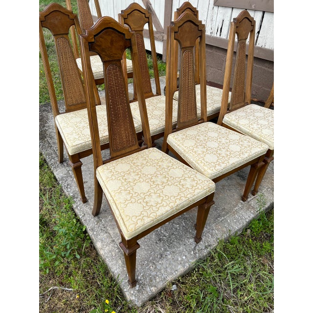 Eight Mid Century Modern Dining Chairs with original fabric . Eight MCM in a Creamy and Gold Upholstery along with Cane...