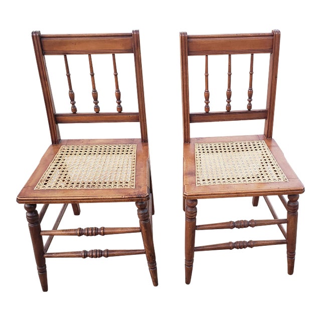 1930s Victorian Style Maple and Cane Seats Side Chairs, a Pair For Sale