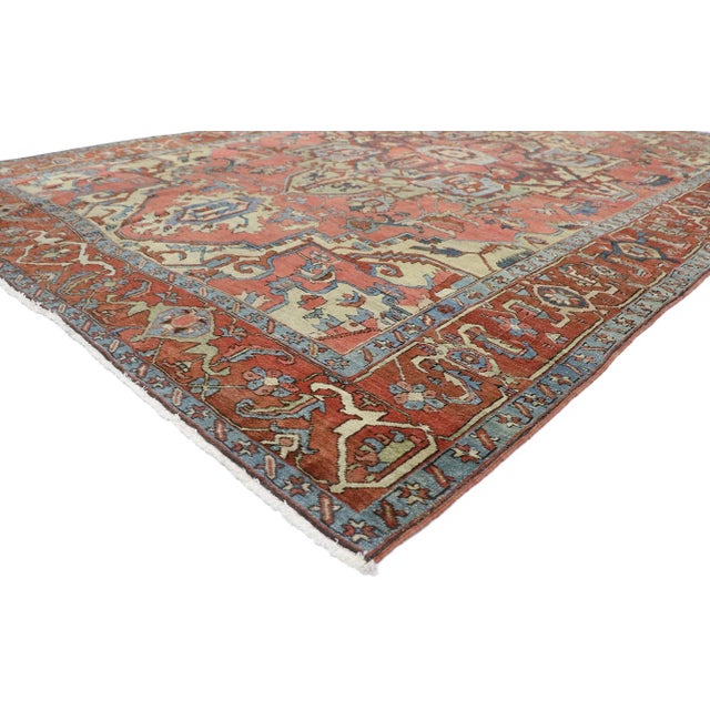 77539 Distressed Antique Persian Serapi Rug with Relaxed Federal Style 08'08 x 12'03. Emanating exquisite grace and...