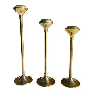 Mid-Century Modern Brass Tulip Style Candlesticks - Set of 3 For Sale