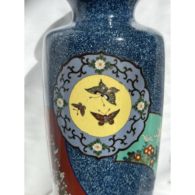 20th Century Japanese Cloisonne Enamel Vase Speckled Blue Ground Butterflies Floral Motifs For Sale - Image 4 of 15