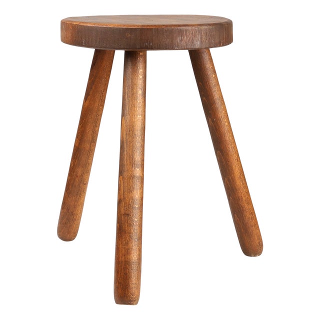 Brutalist French Hand Crafted Rustic Low Tripod Stool in Wood, 1890s For Sale