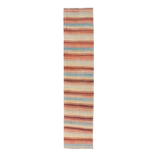 Turkish Vintage Kilim Runner With Rust, Blue and Ivory Striped Design For Sale