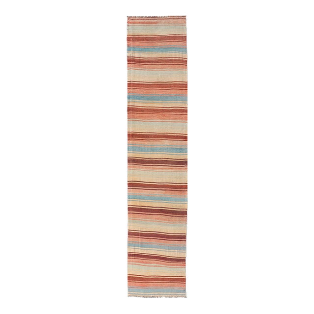 Turkish Vintage Kilim Runner With Rust, Blue and Ivory Striped Design For Sale