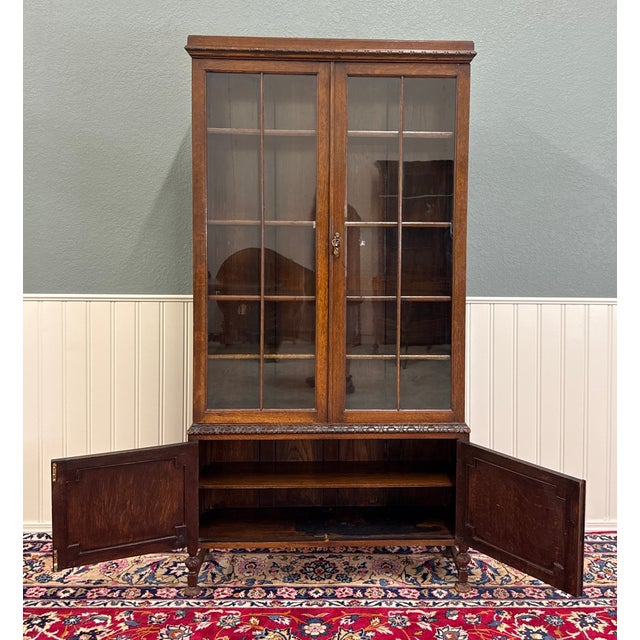 Antique English Jacobean Bookcase Bookshelf Cabinet Double Door Oak c.1930s For Sale - Image 13 of 17