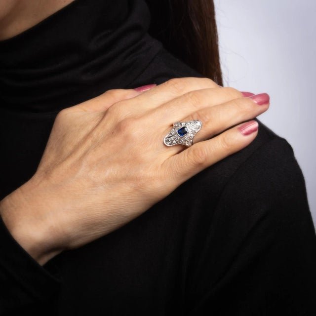 Antique Edwardian Sapphire Diamond Ring Vintage Platinum Long Plaque Jewellery size 5.5 For Sale In Los Angeles - Image 6 of 6