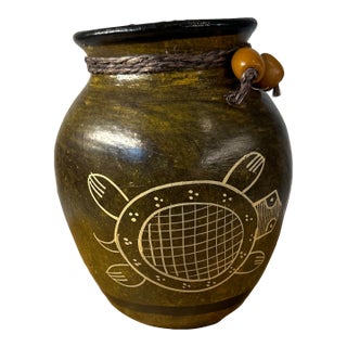 Late 20th Century Handmade Etched Turtle Pottery Vase Rustic Brown Black Rope Beads Tribal Art 6” For Sale