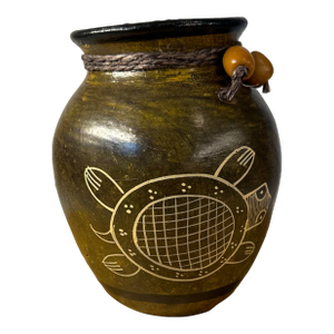 Late 20th Century Handmade Etched Turtle Pottery Vase Rustic Brown Black Rope Beads Tribal Art 6”