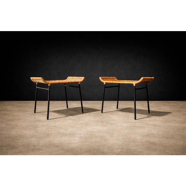 Mid-Century Modern Set of Two Armchairs With Stools in Cane & Iron, Carlo Hauner, 1950s For Sale - Image 3 of 16