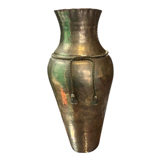 Large Vintage Brass Vase With Rope and Tassel Details For Sale