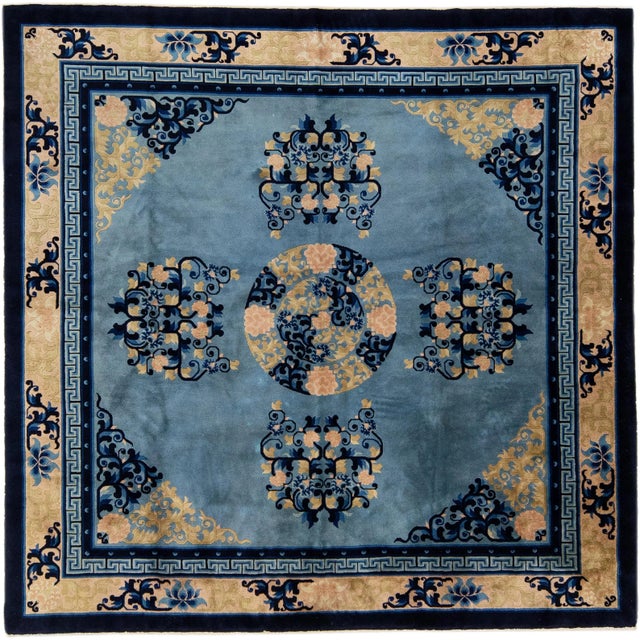 Textile 1920s Medallion Handmade Antique Chinese Peking Square Wool Rug in Blue For Sale - Image 7 of 7