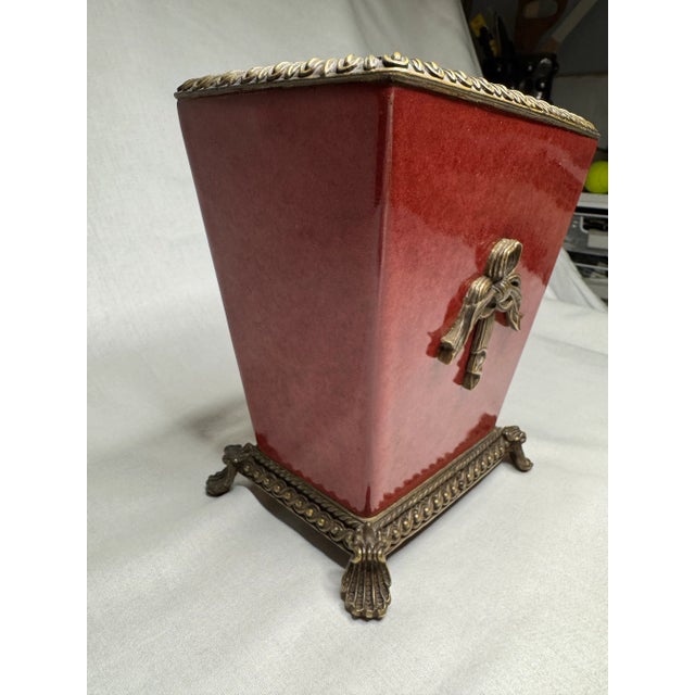 Ruby Red French Provincial Ceramic Solid Brass Bow Red Jardiniere For Sale - Image 8 of 11