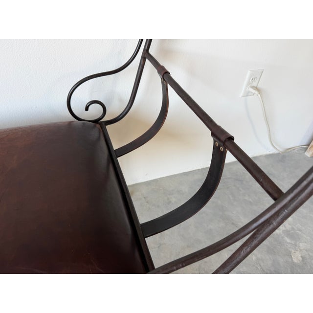 Vintage Rustic Wrought Iron & Leather Scroll Bench For Sale - Image 13 of 16