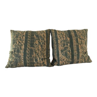 1960s Fortuny Deep Green and Tan Pillows- a Pair For Sale