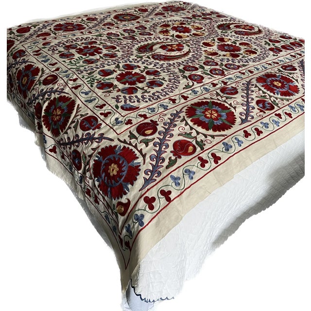 Vintage Silk Hand Embroidered Suzani Bed Cover From Uzbekistan For Sale - Image 4 of 13