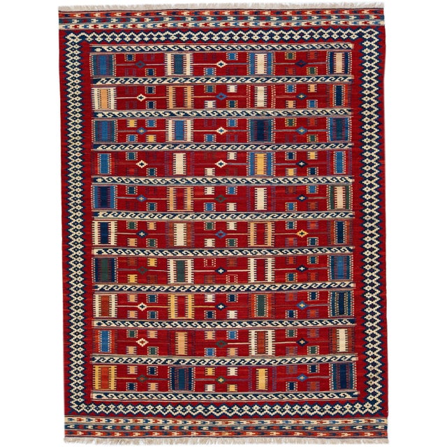 Textile 1960s Vintage Kilim Handmade Red Geometric Wool Rug For Sale - Image 7 of 7