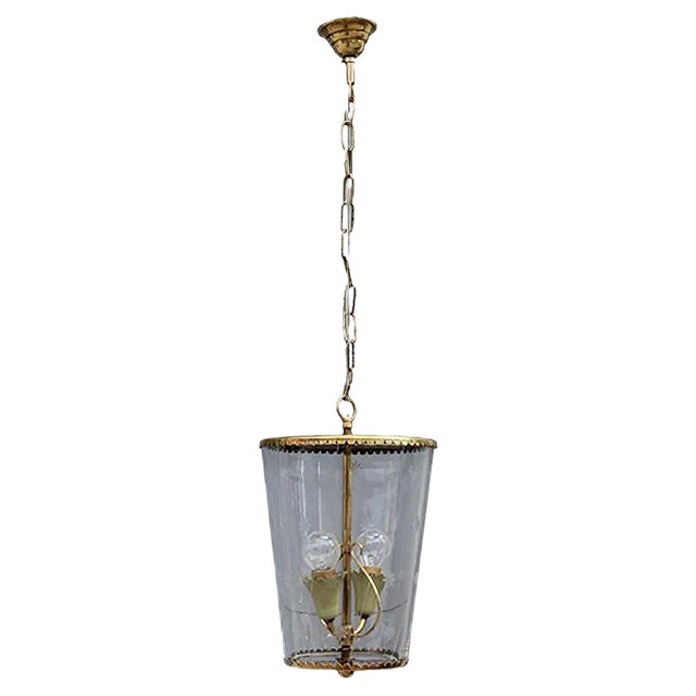 Mid-Century Italian Engraved Glass and Brass Ceiling Lamp from Crystal Art, 1950s For Sale