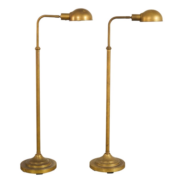 Pair of Patinated Brass Adjustable Pharmacy Floor Lamps For Sale