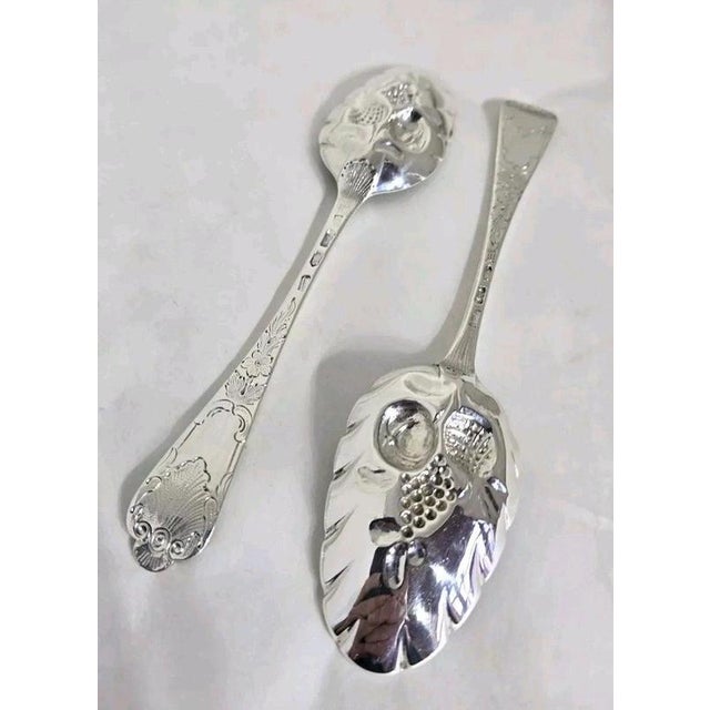 Georgian Sterling Silver Fruit Serving Spoons, London, 1737 & 1763, Set of 2 For Sale - Image 17 of 18