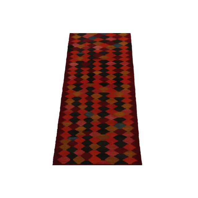 Tribal 1950s Vintage Kilim Runner in Red, Black and Rust Orange Diamond Patterns For Sale - Image 3 of 7