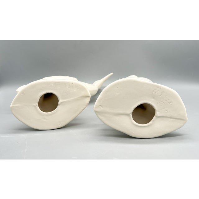 Pair of 1984 Hand-Signed Cream Ceramic Crane Sculptures – Hollywood Regency / Coastal / Art Deco Revival For Sale - Image 10 of 12