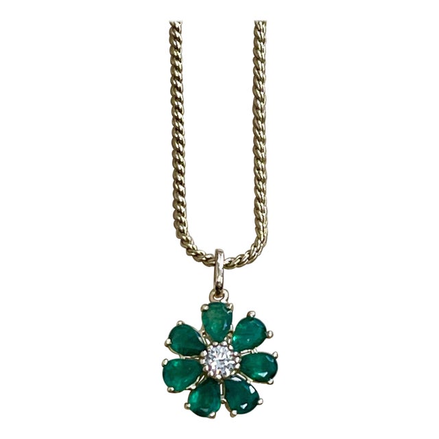 Emerald and Solitaire Diamonds Flower Pendant Necklace 14 Karat Yellow Gold For Sale