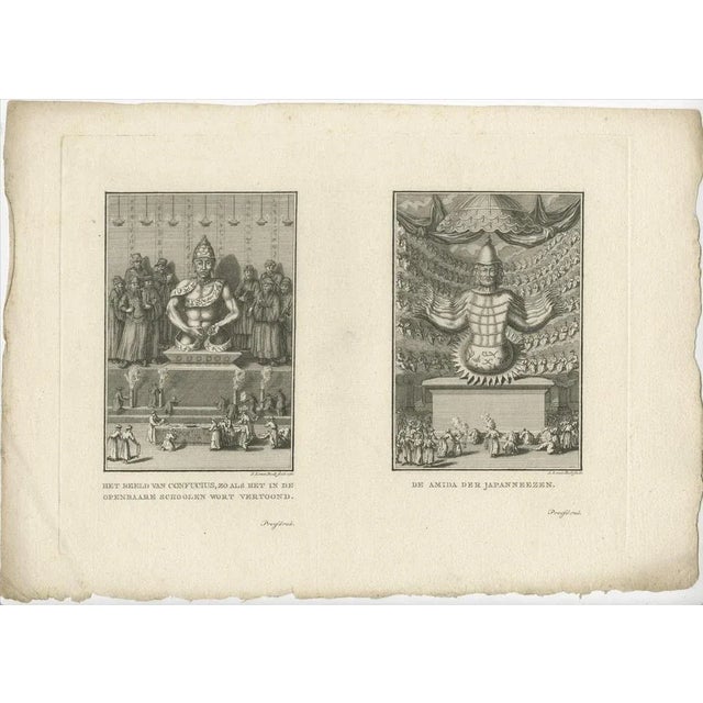 Original (proof) engraving of two religions. Adoration of the statue of Confucius and Boeddha Amida in Japan. Title on the...