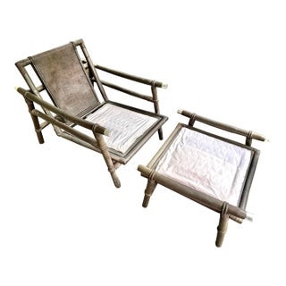 1950s Ficks Reed Rattan Campaign Style Far Horizons Lounge Chair & Ottoman by John Wisner For Sale