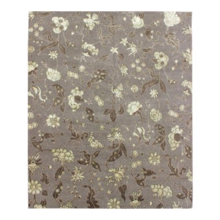 Modern Nepalese Floral Wool and Silk Gray Rug For Sale