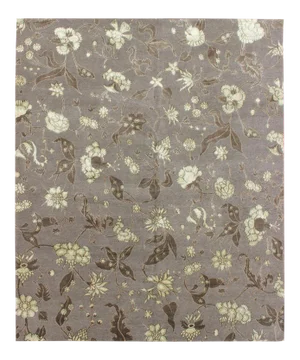 Modern Nepalese Floral Wool and Silk Gray Rug