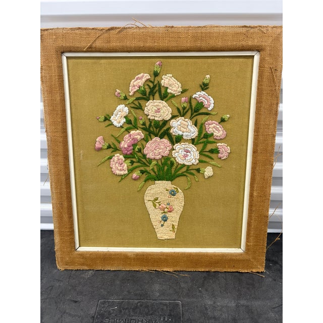 Late 20th Century Vintage Floral Crewel Embroidery Wall Art With Burlap Border For Sale - Image 5 of 11
