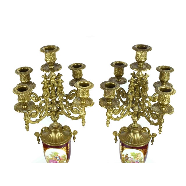 Mid 20th Century Imperial Gilt Brass Frame With Porcelain Plaques Mantle Clock & Five-Light Candelabra Set - 3 Pieces Italy For Sale - Image 12 of 17