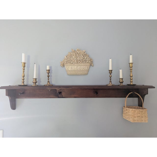 Brown Vintage Farmhouse Cottage Wooden Wall Shelf With Peg Hooks For Sale - Image 8 of 11
