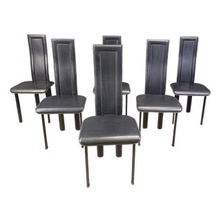 High Back Black Leather Dining Chairs, 1980s, Set of 6 For Sale