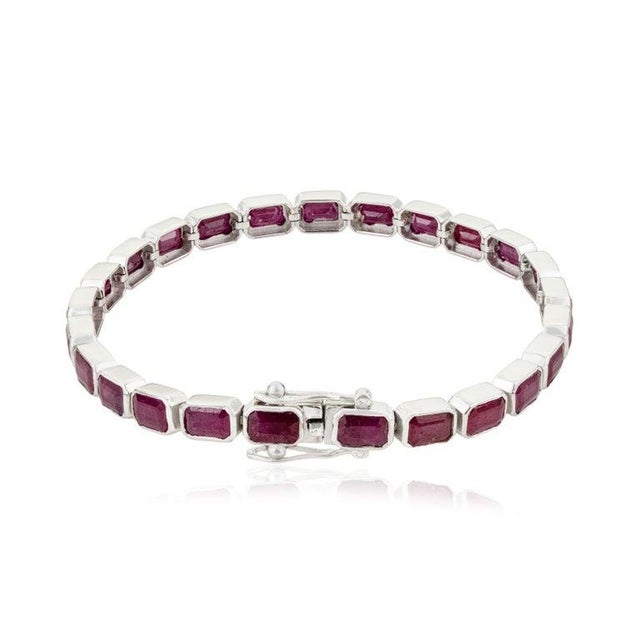 Contemporary Ruby Octagon Cut Tennis Bracelet in 925 Sterling Silver For Sale - Image 3 of 10
