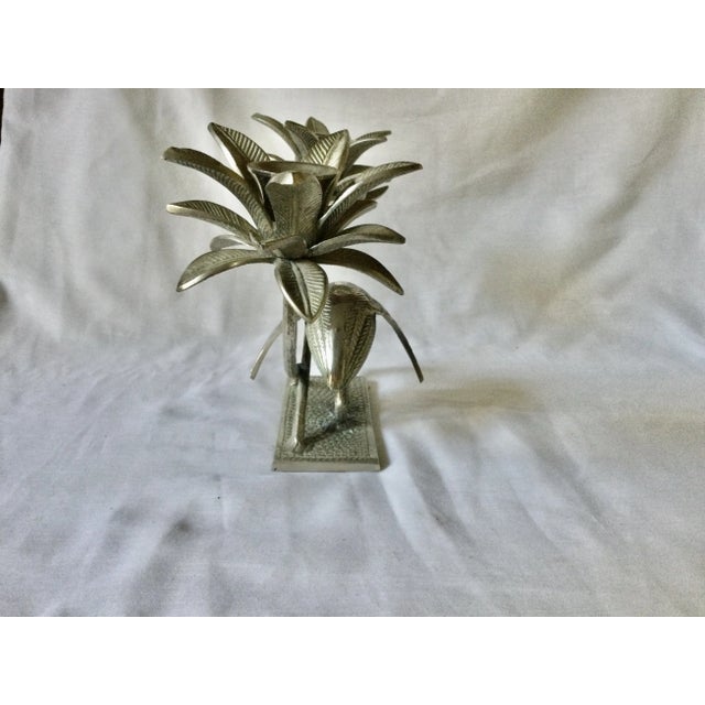 Metal Vintage Handwrought Candlestick Holder With Bird and Lotus Flower Design For Sale - Image 7 of 12